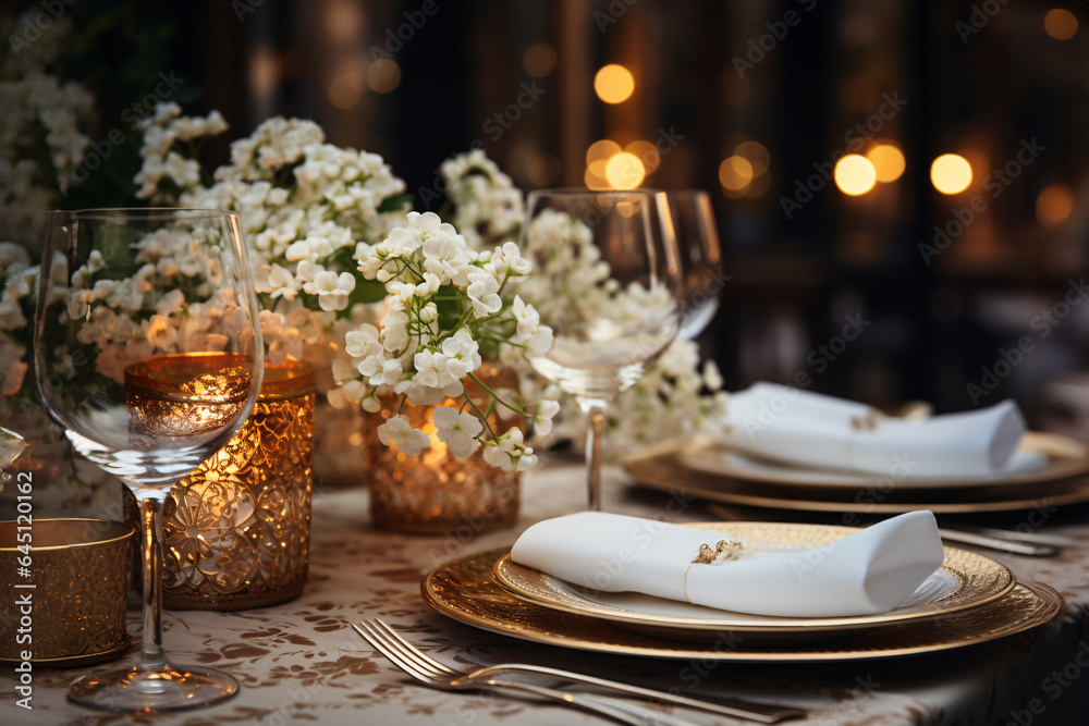 Wedding table setting with white flowers on the table in restaurant