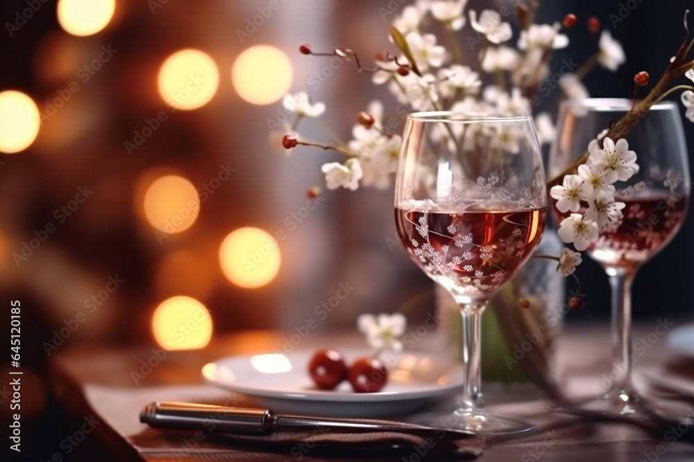 Two glasses of rose wine and cherry blossoms on table in restaurant Two glasses of rose wine and cherry blossoms on table in restaurant
