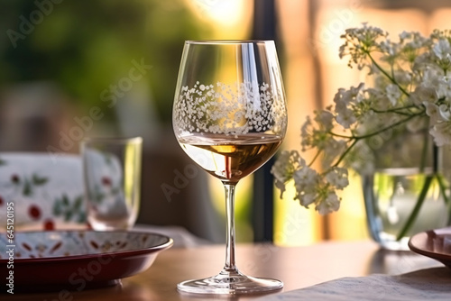 Wine glass on table in restaurant, closeup. Space for text