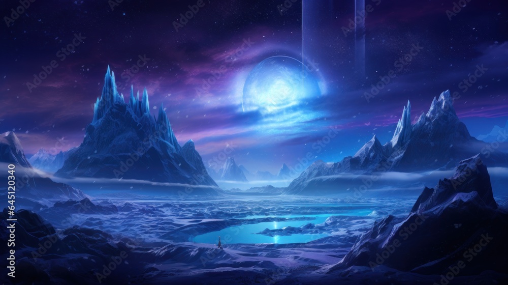 Illustrate an icy and alien planet with towering ice spires, frozen ...