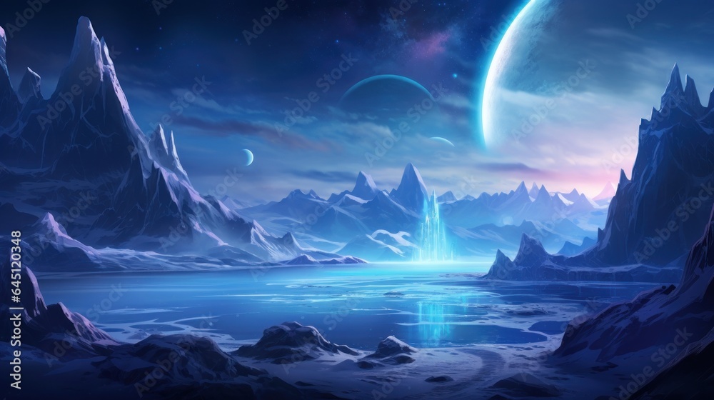 Illustrate an icy and alien planet with towering ice spires, frozen ...