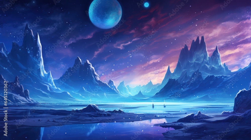 Illustrate an icy and alien planet with towering ice spires, frozen ...