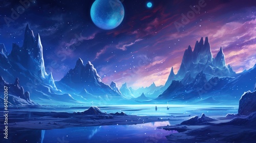 Illustrate an icy and alien planet with towering ice spires, frozen lakes, and an alien sky filled with unfamiliar constellations game art