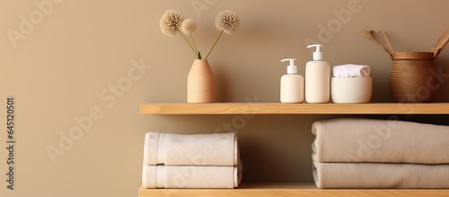 Towels and cosmetics on shelving unit by wall, with room for text.