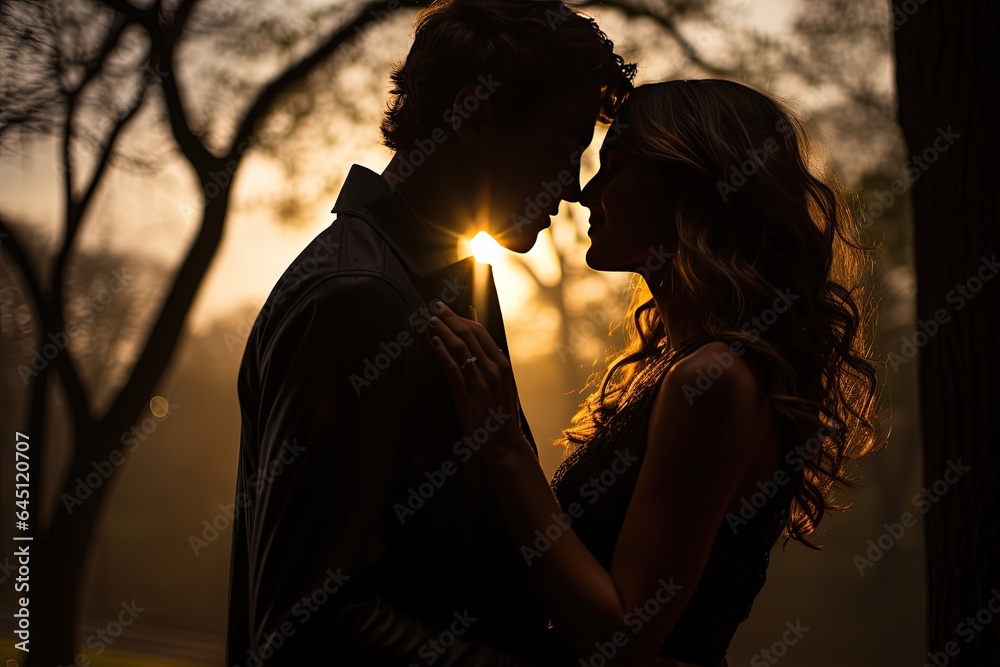 The eternal love between two people beautifully portrayed in a loving embrace and kiss with sunset in background