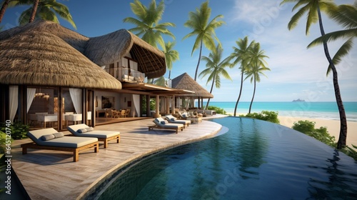 a tropical beachfront villa, with thatched roofs, an infinity pool, and palm trees swaying in the gentle ocean breeze