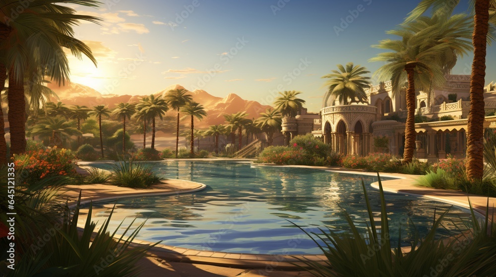 a vast desert oasis, with palm trees, a shimmering pool, and lush greenery thriving amidst the arid sands