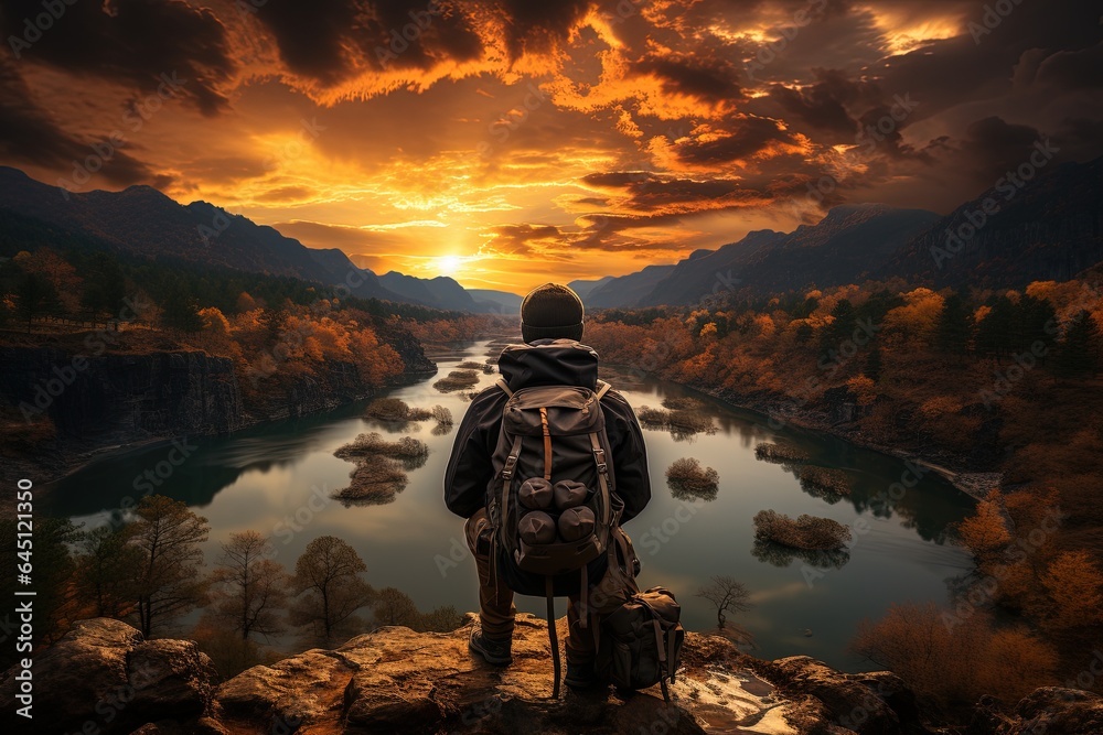 An outdoor adventurer making their way through challenging mountain terrain, captivated by the natural beauty An outdoor adventurer making their way through challenging mountain terrain, captivated by the natural beauty