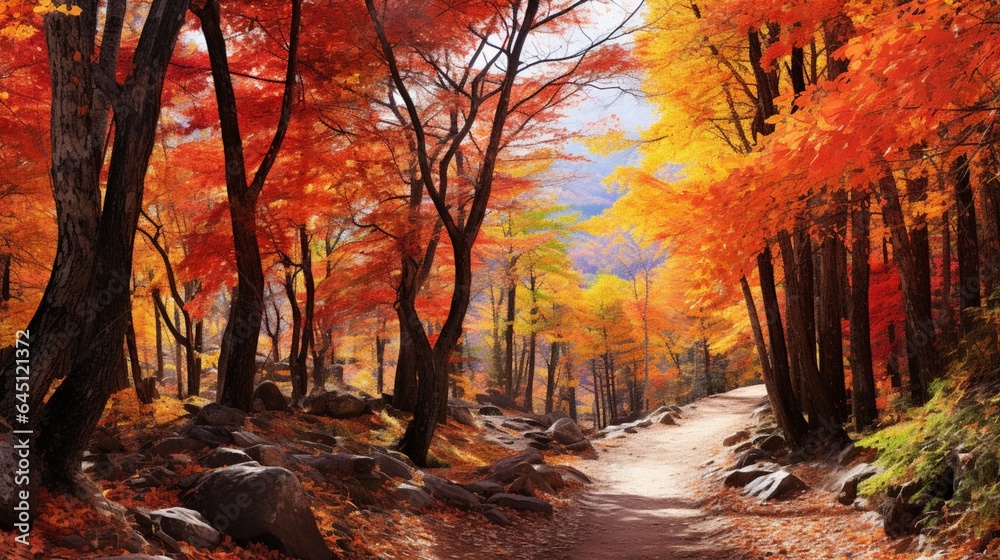 a vibrant autumn forest, with trees ablaze in shades of red, orange, and gold, creating a breathtaking display of seasonal beauty