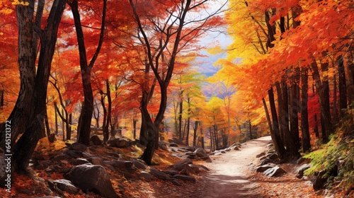 a vibrant autumn forest, with trees ablaze in shades of red, orange, and gold, creating a breathtaking display of seasonal beauty