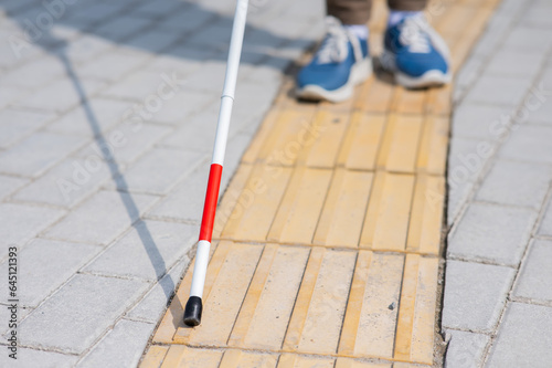 Close-up of a woman's legs with a cane near a tactile tile.