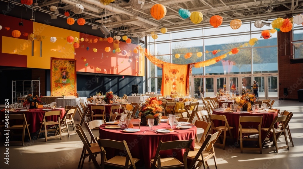 a vibrant cultural celebration, featuring festive communal tables and diverse seating for a multicultural festival