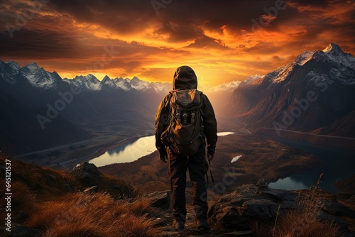 A determined hiker embarks on an adventure, exploring the breathtaking mountain summits and enjoying the amazing vistas