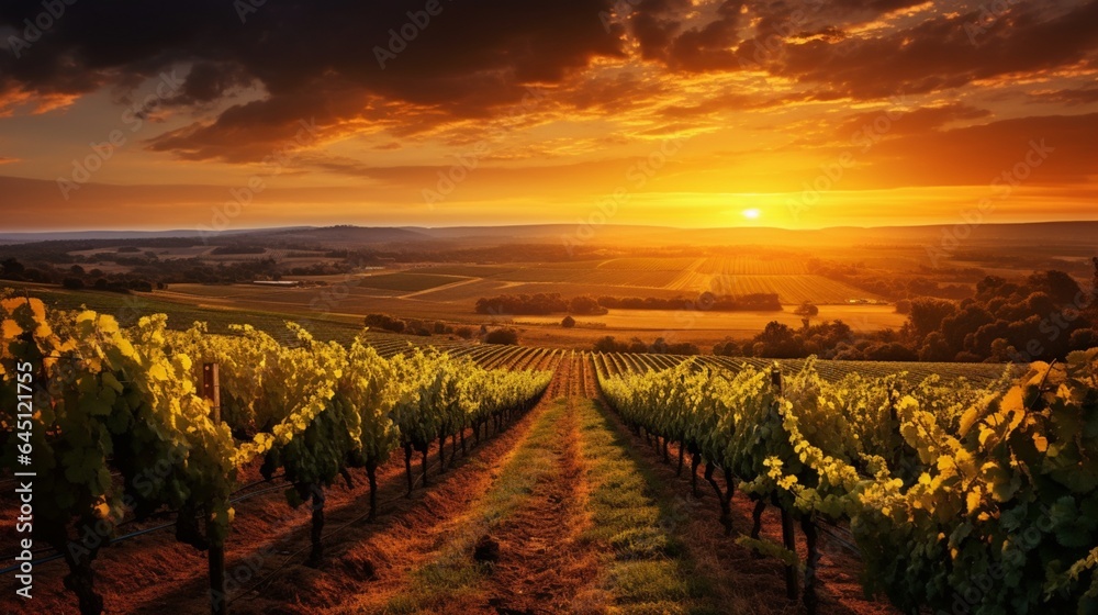 a vineyard at sunset, with rows of grapevines stretching towards the horizon, the sun casting a warm golden glow on the landscape
