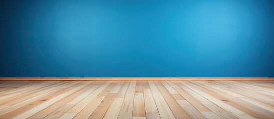 Blue background, wooden floor, empty room.