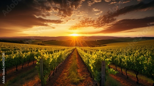 a vineyard at sunset, with rows of grapevines stretching towards the horizon, the sun casting a warm golden glow on the landscape