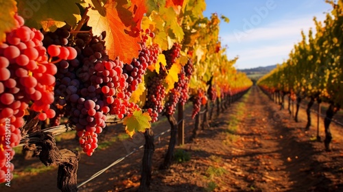 a vineyard in the fall, with grapevines displaying vibrant shades of red and gold, ready for the grape harvest season