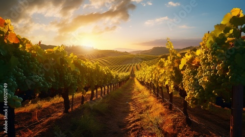 a vineyard in the golden hour, with rows of grapevines heavy with plump grapes, ready for the upcoming harvest season