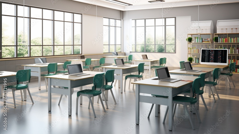 a well-organized school classroom with adjustable desks and ergonomic chairs, promoting an ideal learning environment