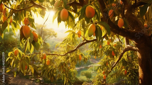a visually stunning image of a tropical mango tree, with ripe mangoes hanging from the branches, bathed in the warm glow of the sun