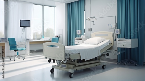 a well-equipped hospital room with a focus on the comfortable hospital bed and bedside table