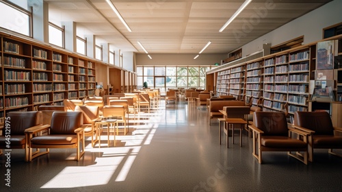 a well-lit university library reading area with rows of bookshelves and comfortable study chairs © ra0
