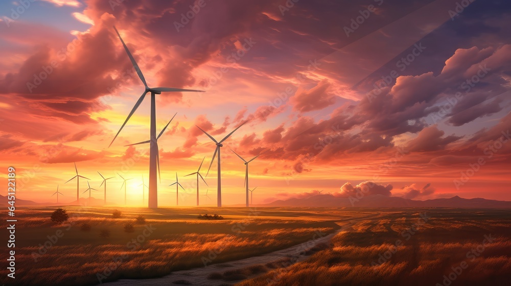 Wind turbines spinning gracefully against a vibrant sunset, illustrating the conversion of wind energy into electricity - obrazy, fototapety, plakaty 