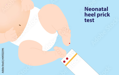 Neonatal heel prick test illustration. Newborn foot with blood and the test paper