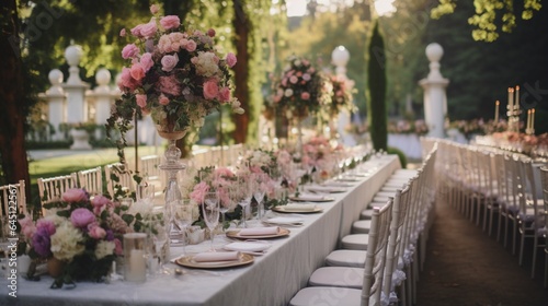 an outdoor wedding reception  showcasing elegant banquet tables and beautifully arranged event seating