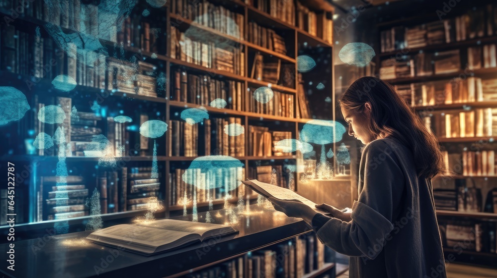 A person browsing a virtual library with digital books, highlighting the accessibility and convenience of online information