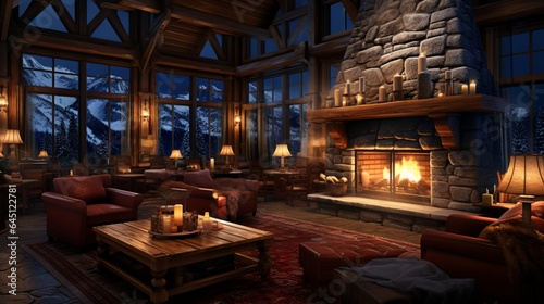 cozy mountain lodge, with a roaring fireplace, comfortable sofas, and guests enjoying hot cocoa after a day of skiing