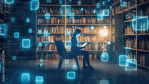 A person browsing a virtual library with digital books, highlighting the accessibility and convenience of online information
