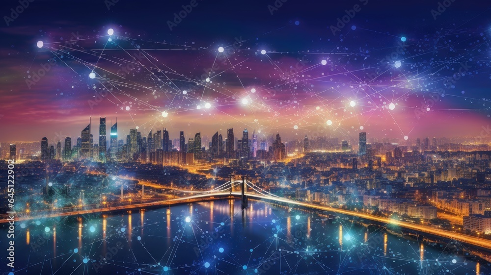 A cityscape with data symbols filling the skyline, visualizing the vast and interconnected landscape of big data