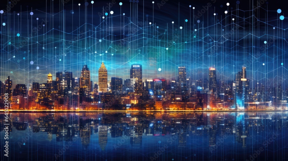 Fototapeta premium A cityscape with data symbols filling the skyline, visualizing the vast and interconnected landscape of big data