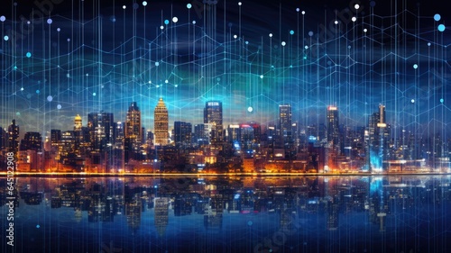 A cityscape with data symbols filling the skyline, visualizing the vast and interconnected landscape of big data