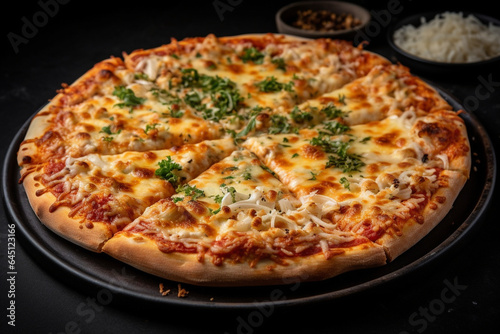 Cheese pizza with mushrooms and chicken delicious toppings on black Platter 