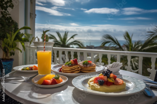 Breakfast with Pancakes, Fruit Salad and Berry Frizzante Served on Table in Restaurant with a View 