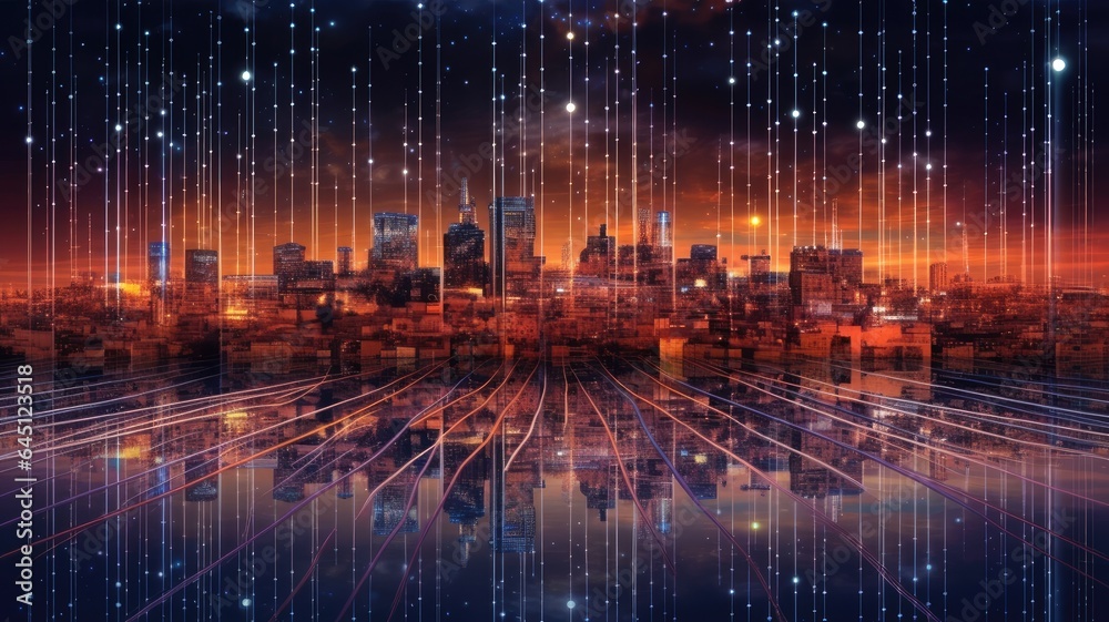 A cityscape merging with interconnected data lines, representing the integration of technology and the internet into urban environments --ar 16:9