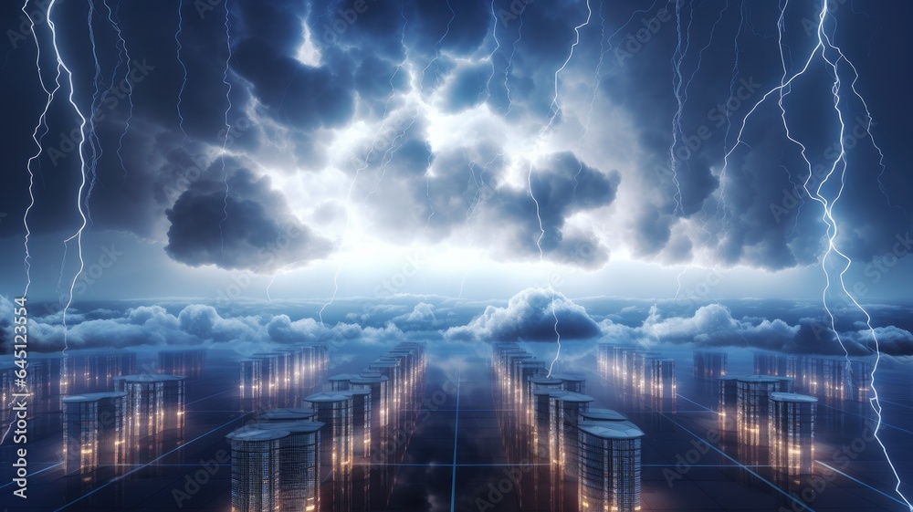 A cloud-filled sky with virtual servers and data centers interconnected by lightning bolts, symbolizing the power and reach of cloud infrastructure - obrazy, fototapety, plakaty 