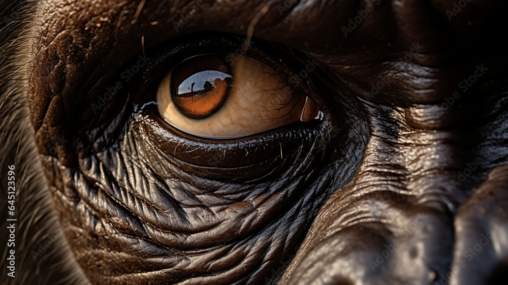 close-up shot of a gorilla's intense gaze, highlighting its expressive eyes and facial features. AI Generative.