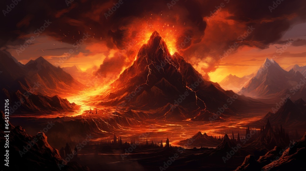 Volcanic crater with steaming geysers, molten lava, and ominous volcanic peaks in the distance game art