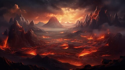 Volcanic crater with steaming geysers, molten lava, and ominous volcanic peaks in the distance game art