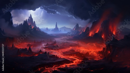 Volcanic crater with steaming geysers, molten lava, and ominous volcanic peaks in the distance game art
