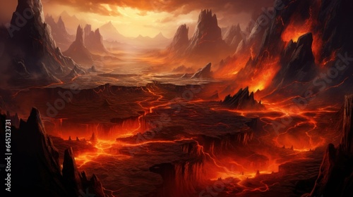 Volcanic crater with steaming geysers, molten lava, and ominous volcanic peaks in the distance game art