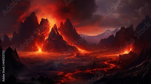 Volcanic crater with steaming geysers  molten lava  and ominous volcanic peaks in the distance game art