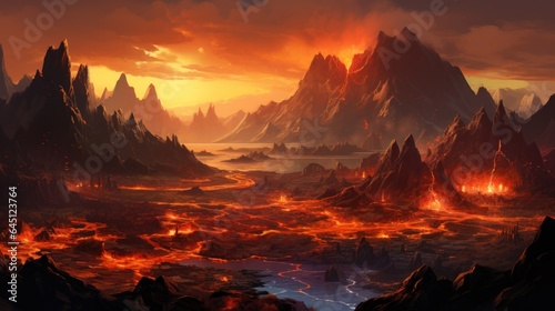 Volcanic crater with steaming geysers, molten lava, and ominous volcanic peaks in the distance game art © Damian Sobczyk