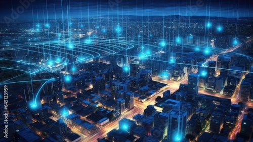 A cityscape with sensors and data lines, representing the concept of a smart city powered by interconnected electric technology