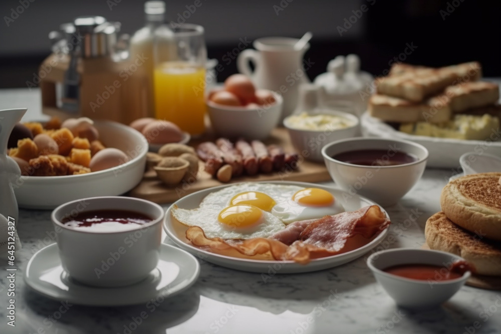 Breakfast with fried eggs, bacon, sausages, coffee, jam and pancakes Breakfast with fried eggs, bacon, sausages, coffee, jam and pancakes