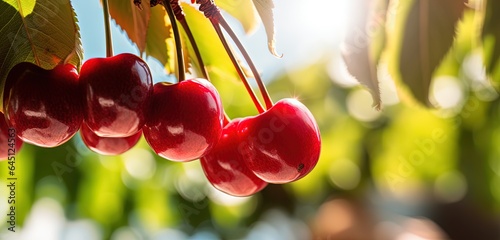 close up ripe red cherry in orchard plantation, idea for agricultural and fruitfulness theme concept background wallpaper, Generative Ai photo