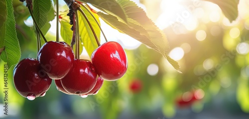 close up ripe red cherry in orchard plantation, idea for agricultural and fruitfulness theme concept background wallpaper, Generative Ai photo